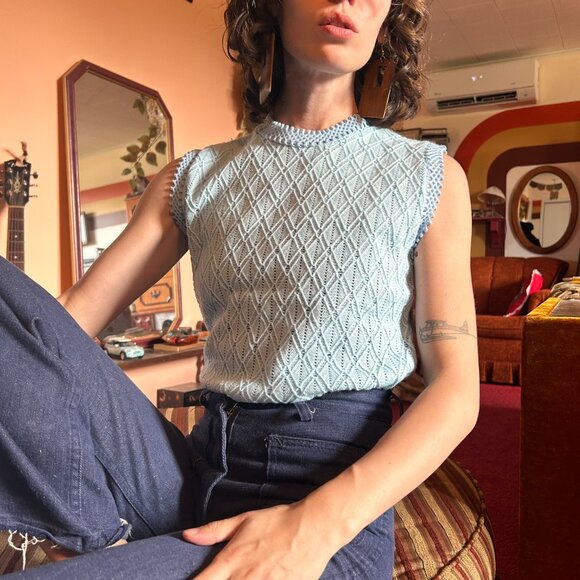 1960s MOD vintage baby blue textured mockneck sleeveless blouse tunic - Made in - Picture 10 of 15